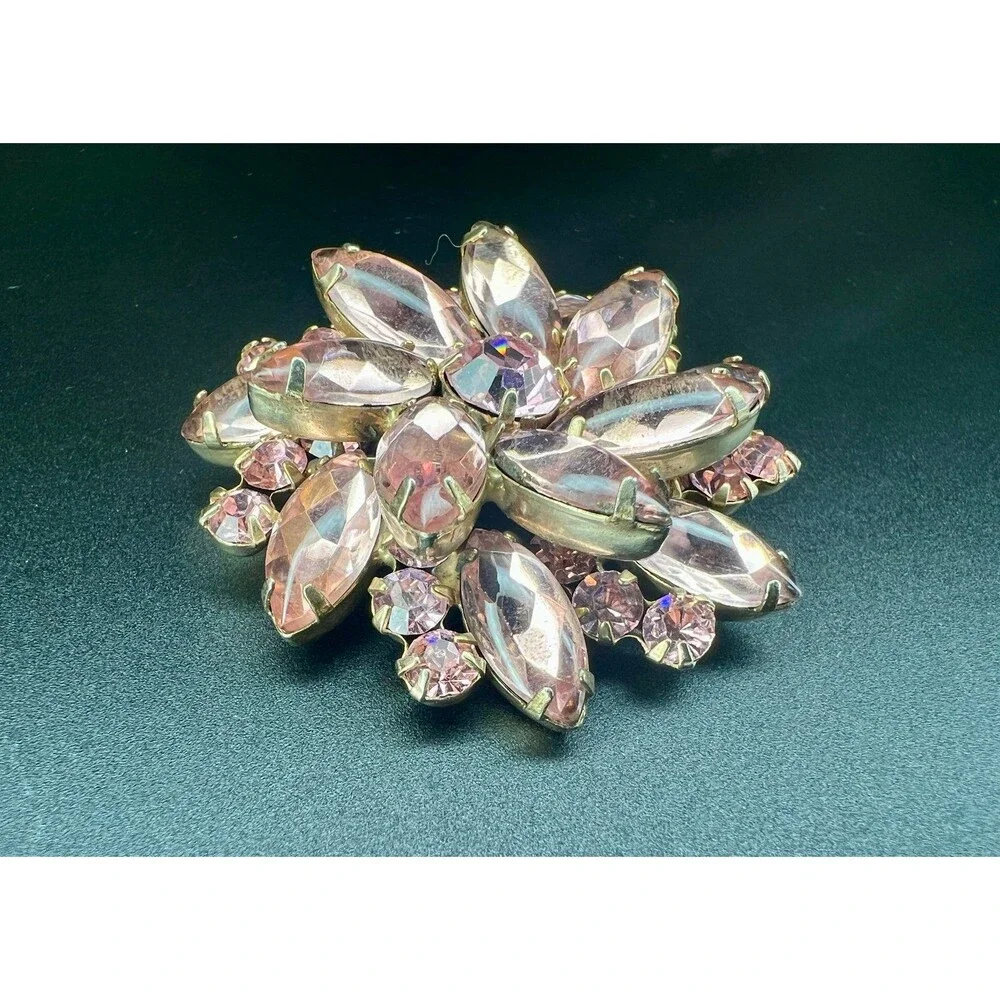 Ref No. 8575 Vintage D&E Juliana Pink Rhinestone Layered Floral Burst Brooch Pin
